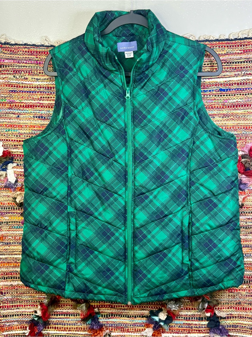 Laura Scott Green Plaid Quilted Puffer Vest size XL EUC